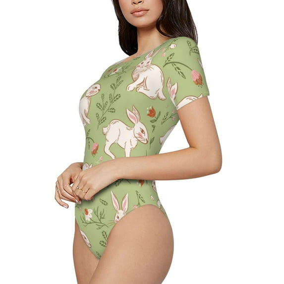 Goofa Cute Rabbit And Flower Printed Women Rash Guard Short Sleeve,Tummy control Swimsuit Surfing Swimsuit Bathing Suit One Piece Swimsuit UPF 50-Large