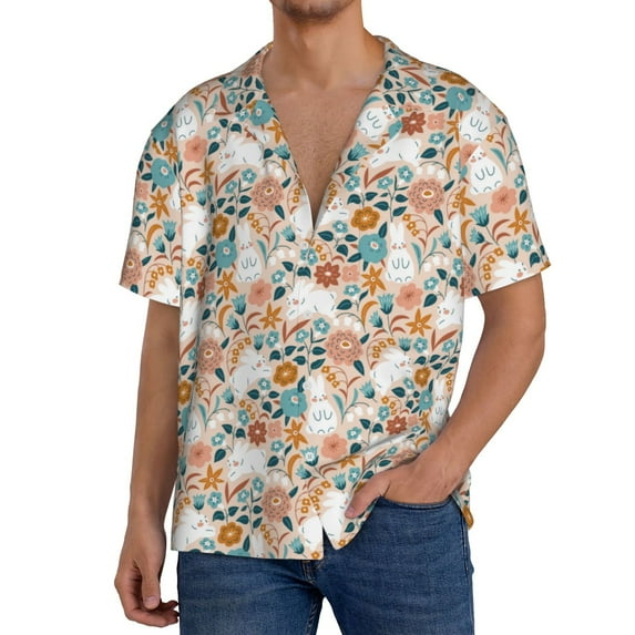 Goofa Cute Rabbit Floral Printed Men's Casual Short-sleeved Shirt,Lightweight Breathable Button-down,Summer Casual men's top,Versatile Fashion shirt-Medium
