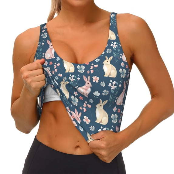 Goofa Cute Rabbit Floral Printed Sports Bras for Women, High Impact Running Bra Workout Crop Tank Tops Longline Sports Bra Push up-Medium