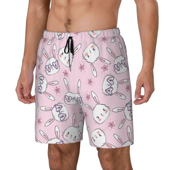 Goofa Cute Rabbit Flower Printed Men's Swim Trunks Board Shorts Quick Dry Mens Swimming Trunks with Compression Liner,Breathable Fit Hawaii Beach Shorts-