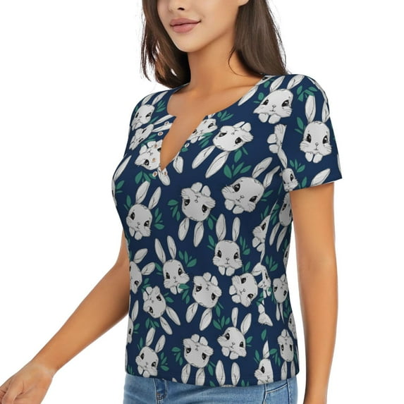 Goofa Cute Rabbit Pattern Womens Deep V Neck Low Cut Tops Casual Summer Short Sleeve Ribbed Knit T-Shirts-X-Large