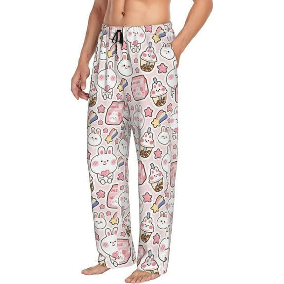 Goofa Cute Rabbit Printed Soft Pajama Pants for Men, Wide Leg Comfy Casual Lounge Yoga Pants-Large