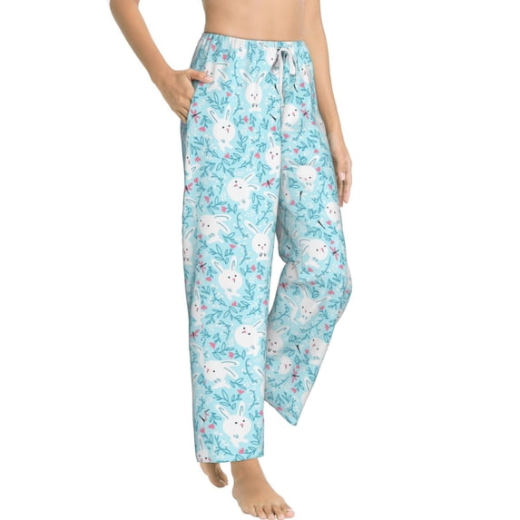 Goofa Cute Rabbit Printed Soft Pajama Pants for Women, Wide Leg Comfy Casual Lounge Yoga Pants-Large