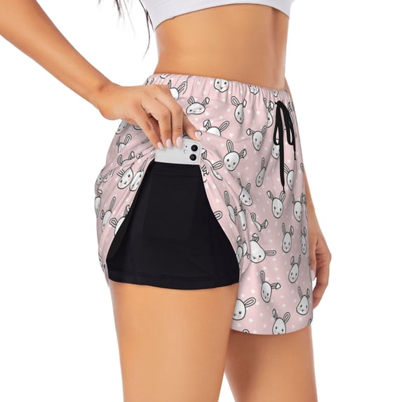 Goofa Cute Rabbit Printed Women 2 in 1 Running Shorts,Quick Dry Athletic Workout Shorts,High Waisted Athletic Shorts with Liner Pockets-Large