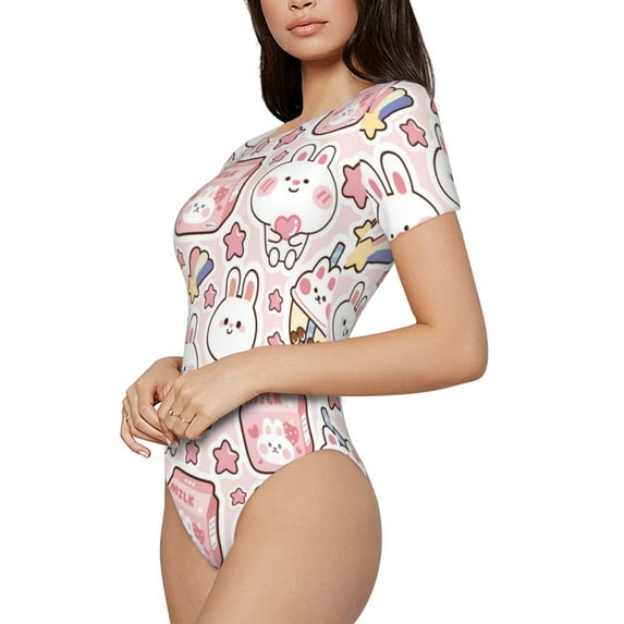 Goofa Cute Rabbit Printed Women Rash Guard Short Sleeve,Tummy control Swimsuit Surfing Swimsuit Bathing Suit One Piece Swimsuit UPF 50-Small