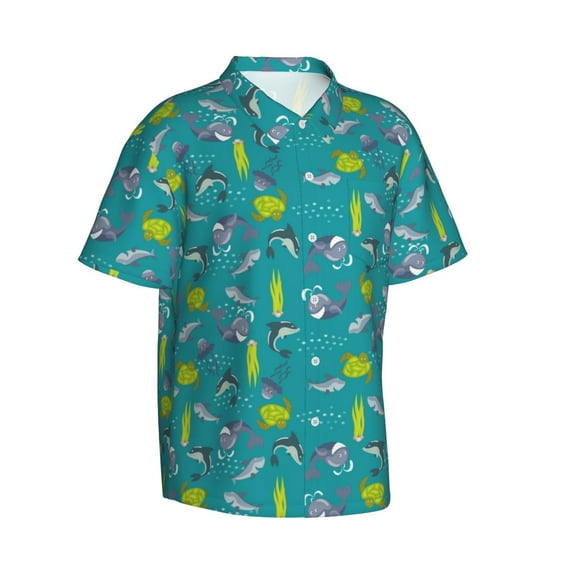 Goofa Cute Shark Turtle Hawaiian Shirt for Men, Unisex Summer Beach Casual Short Sleeve Button Down Shirts,Aloha Tropical Floral print shirt-3X-Large