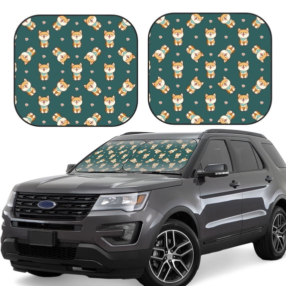 Goofa Cute Shiba Pattern 2 Piece Car Windshield Sun Shade Foldable | Front Windshield Shade for Sun, Heat and UV Rays | Sunshade for Car Front Window-Small