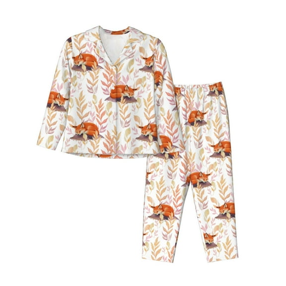 Goofa Cute Sleepy Fox Printed Women’s 2 Piece Pajama Set Super,Pajamas Women's Long Sleeve Sleepwear Soft Button Down Loungewear Pjs Lounge Set Nightwear-Small
