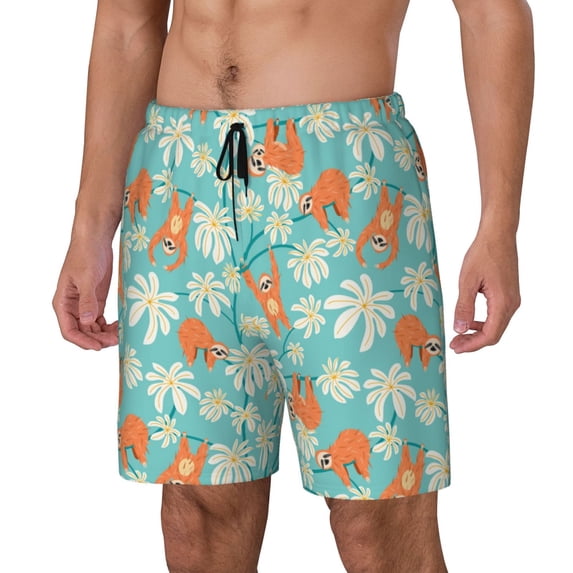 Goofa Cute Sloth on Floral Tree Printed Men's Swim Trunks Board Shorts Quick Dry Mens Swimming Trunks with Compression Liner,Breathable Fit Hawaii Beach Shorts-Medium