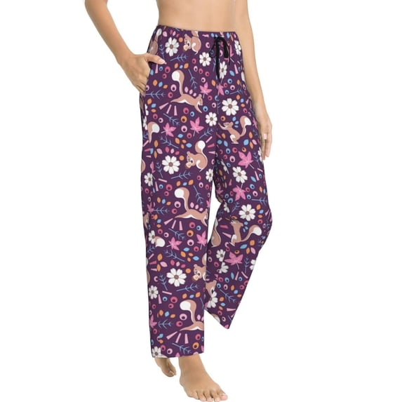 Goofa Cute Squirrel Floral Printed Soft Pajama Pants for Women, Wide Leg Comfy Casual Lounge Yoga Pants-Small