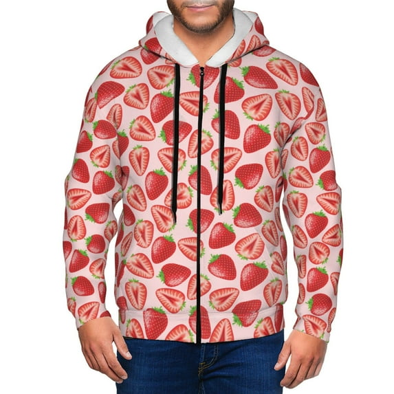 Goofa Cute Strawberry Pattern Mens Full-zip Hoodie, Zip-up Pullover Hooded Sweatshirt, Kangaroo Pocket Hoodie Ideal for Daily Wear, Travel, and Home-X-Large