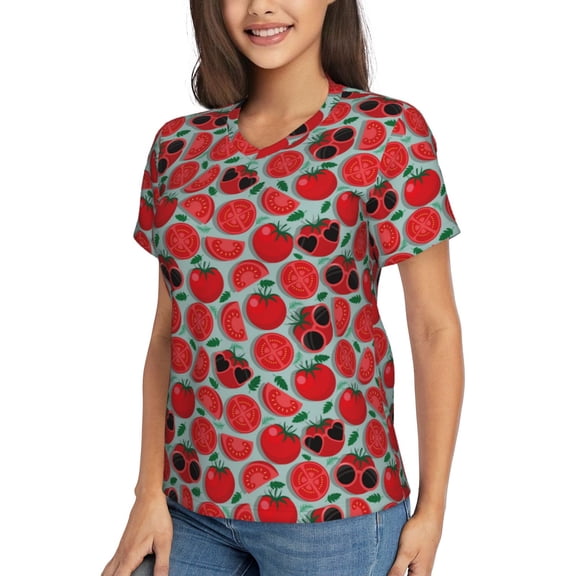 Goofa Cute Tomato Pattern Women's Slim-Fit Short-Sleeve V-Neck T-Shirt,Classic-Fit Short-Sleeve V-Neck T-Shirt-Large