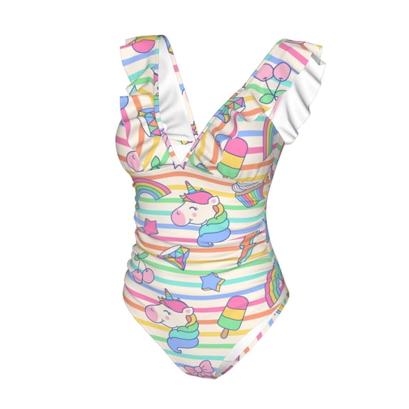 Goofa Cute Unicorn Print Women's Ruffled One Piece Swimsuit V Neck