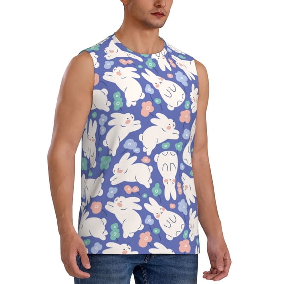 Goofa Cute White Rabbit Printed Men's Sleeveless T-Shirt - Athletic Gym Workout Tank Top for Men - Moisture-Wicking, UPF 30+ Quick-Dry Muscle Tee-