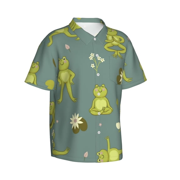 Goofa Cute Yoga Frogs Hawaiian Shirt for Men, Unisex Summer Beach Casual Short Sleeve Button Down Shirts,Aloha Tropical Floral print shirt-Large