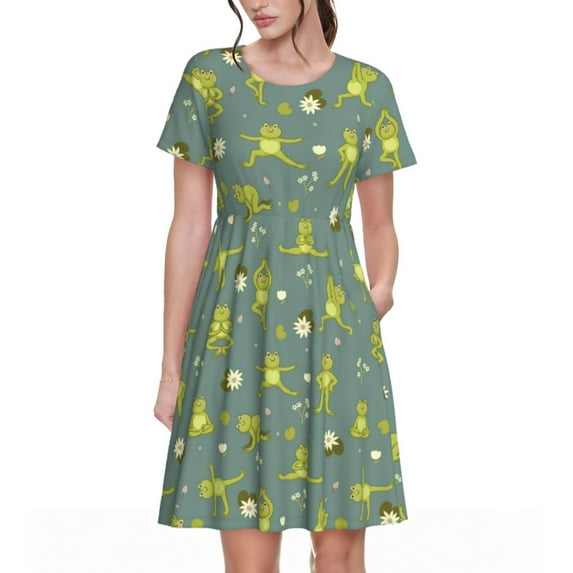 Goofa Cute Yoga Frogs Pattern Women Summer Short Sleeve Midi Dress with Pockets Casual Aline Flowy Tshirt Dress Vocation Beach Sundress