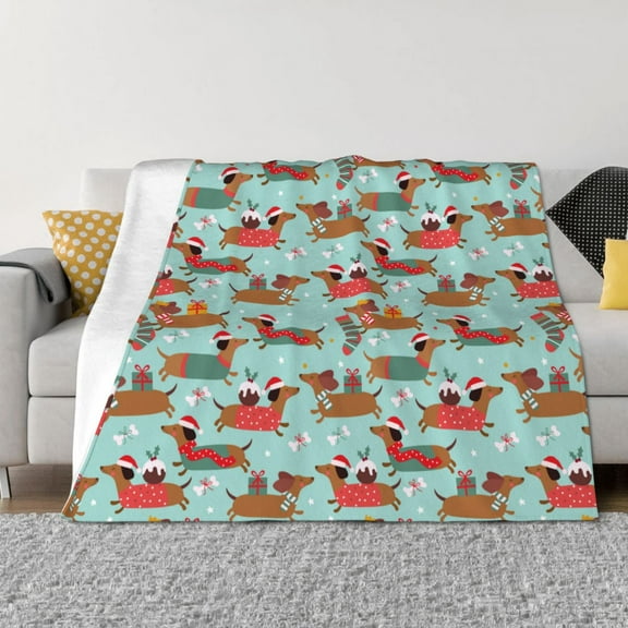 Goofa Dachshund Christmas Play Pattern Fleece Throw Blanket for Couch, Soft Checkered Flannel Blanket for Sofa, Warm Cozy Decorative Blanket Fall Decor Gift-40"x30"