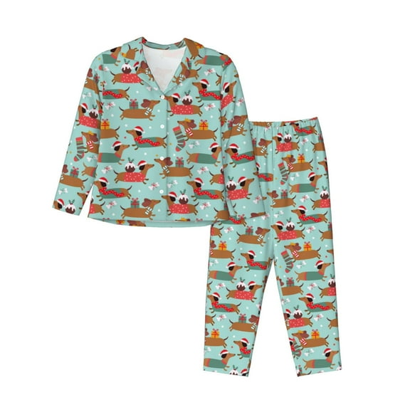 Goofa Dachshund Christmas Play Printed Women’s 2 Piece Pajama Set Super,Pajamas Women's Long Sleeve Sleepwear Soft Button Down Loungewear Pjs Lounge Set Nightwear-Small