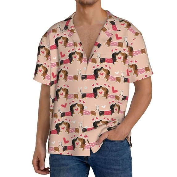 Goofa Dachshund Couple Printed Men's Casual Short-sleeved Shirt,Lightweight Breathable Button-down,Summer Casual men's top,Versatile Fashion shirt-X-Large