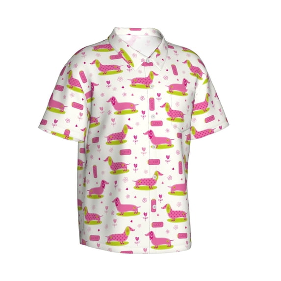 Goofa Dachshund Dog Puppy Hawaiian Shirt for Men, Unisex Summer Beach Casual Short Sleeve Button Down Shirts,Aloha Tropical Floral print shirt-Large