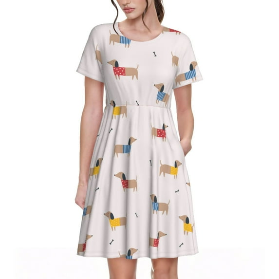 Goofa Dachshund Dog Puppy Pattern Women Summer Short Sleeve Midi Dress with Pockets Casual Aline Flowy Tshirt Dress Vocation Beach Sundress