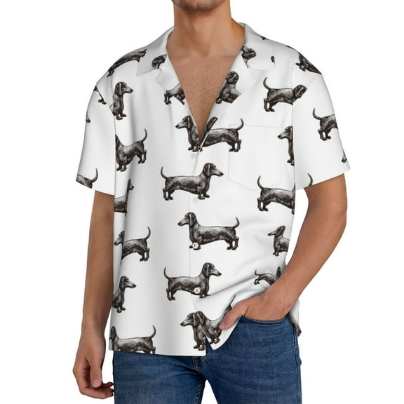 Goofa Dachshund Dog Puppy Printed Men's Casual Short-sleeved Shirt,Lightweight Breathable Button-down,Summer Casual men's top,Versatile Fashion shirt-Small