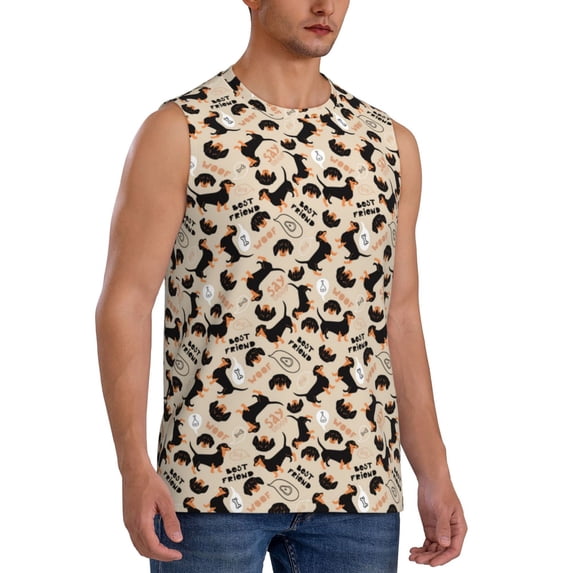 Goofa Dachshund Dog Puppy Printed Men's Sleeveless T-Shirt - Athletic Gym Workout Tank Top for Men - Moisture-Wicking, UPF 30+ Quick-Dry Muscle Tee-Large