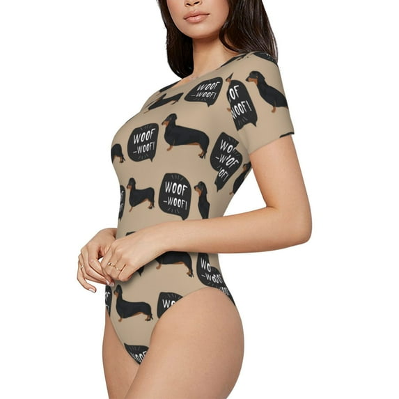 Goofa Dachshund Dog Woof Printed Women Rash Guard Short Sleeve,Tummy control Swimsuit Surfing Swimsuit Bathing Suit One Piece Swimsuit UPF 50-Small