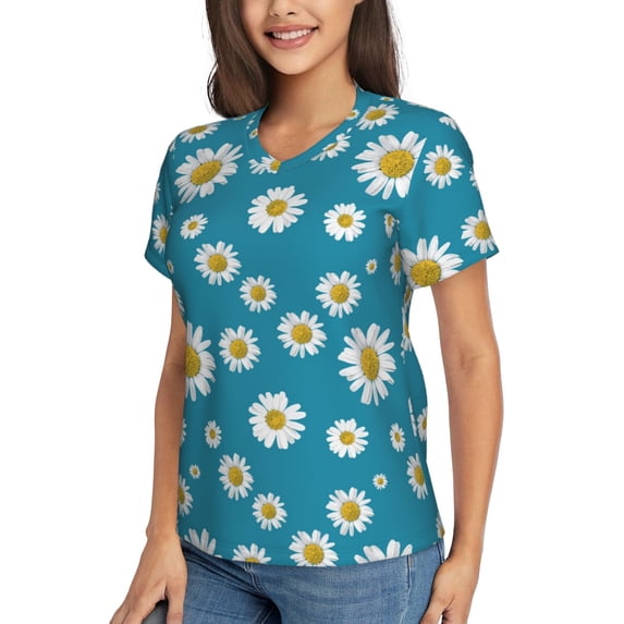Goofa Daisies Flowers Pattern Women's Slim-Fit Short-Sleeve V-Neck T-Shirt,Classic-Fit Short-Sleeve V-Neck T-Shirt-X-Large