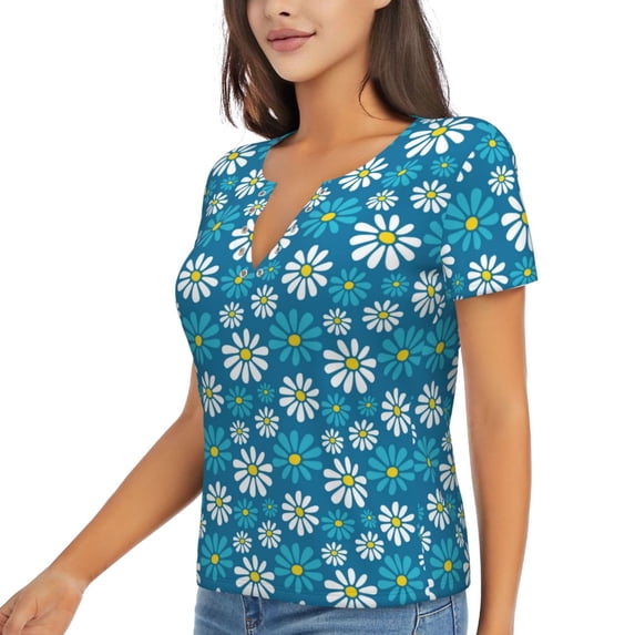 Goofa Daisies Flowers Pattern Womens Deep V Neck Low Cut Tops Casual Summer Short Sleeve Ribbed Knit T-Shirts-Small