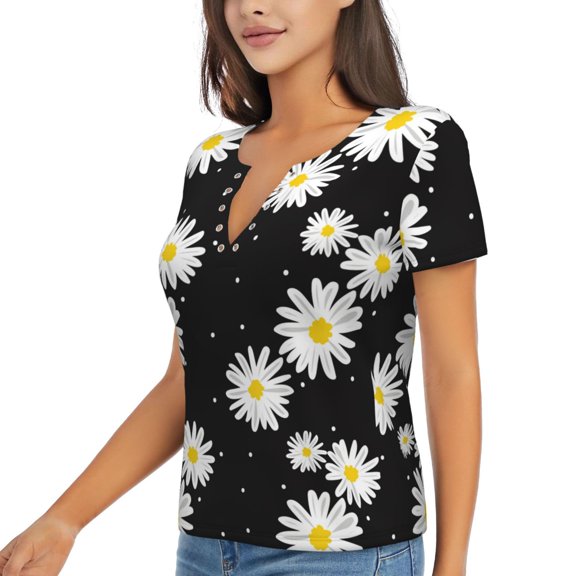 Goofa Daisies Flowers Pattern Womens Deep V Neck Low Cut Tops Casual Summer Short Sleeve Ribbed Knit T-Shirts-X-Large