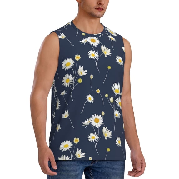 Goofa Daisies Flowers Printed Men's Sleeveless T-Shirt - Athletic Gym Workout Tank Top for Men - Moisture-Wicking, UPF 30+ Quick-Dry Muscle Tee-Small