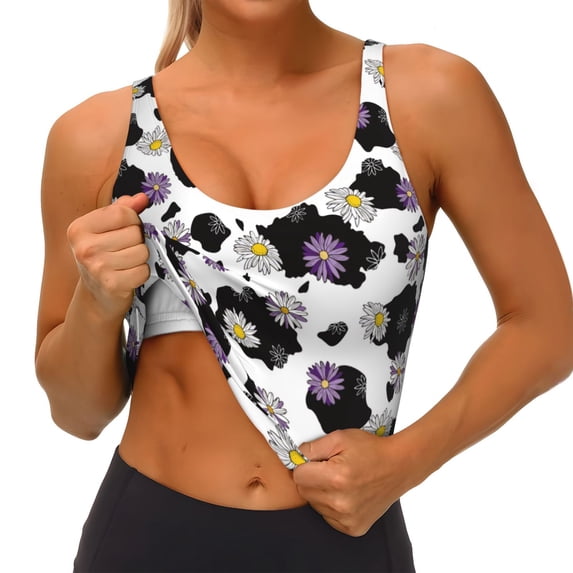 Goofa Daisies Flowers Printed Sports Bras for Women, High Impact Running Bra Workout Crop Tank Tops Longline Sports Bra Push up-Large