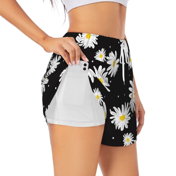 Goofa Daisies Flowers Printed Women 2 in 1 Running Shorts,Quick Dry Athletic Workout Shorts,High Waisted Athletic Shorts with Liner Pockets-Medium