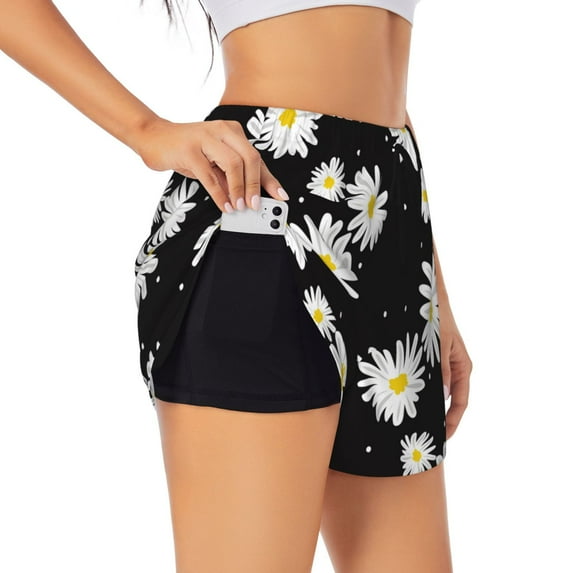 Goofa Daisies Flowers Printed Women 2 in 1 Running Shorts,Quick Dry Athletic Workout Shorts,High Waisted Athletic Shorts with Liner Pockets-X-Large