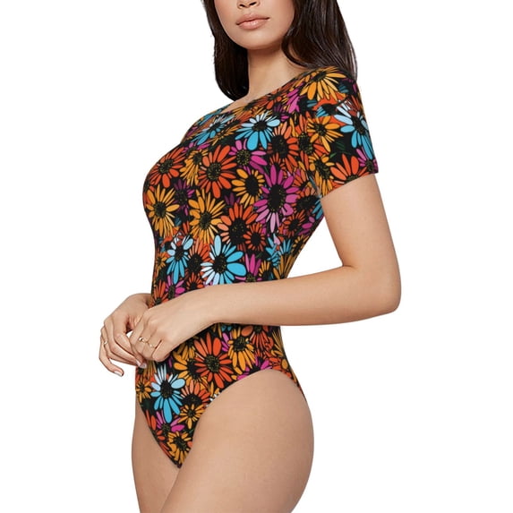 Goofa Daisies Flowers Printed Women Rash Guard Short Sleeve,Tummy control Swimsuit Surfing Swimsuit Bathing Suit One Piece Swimsuit UPF 50-X-Large