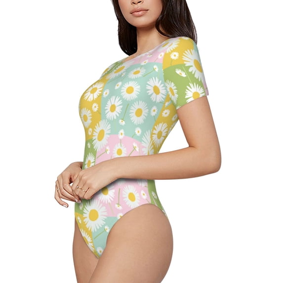 Goofa Daisies Flowers Printed Women Rash Guard Short Sleeve,Tummy control Swimsuit Surfing Swimsuit Bathing Suit One Piece Swimsuit UPF 50-XX-Large