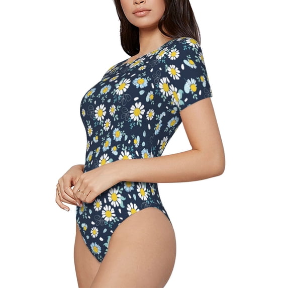 Goofa Daisy Floral B Printed Women Rash Guard Short Sleeve,Tummy control Swimsuit Surfing Swimsuit Bathing Suit One Piece Swimsuit UPF 50-Small