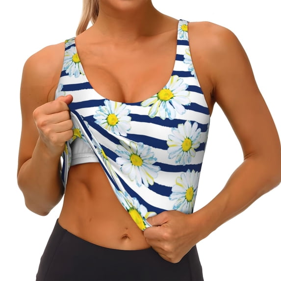 Goofa Daisy Striped Nautical Printed Sports Bras for Women, High Impact Running Bra Workout Crop Tank Tops Longline Sports Bra Push up-Large