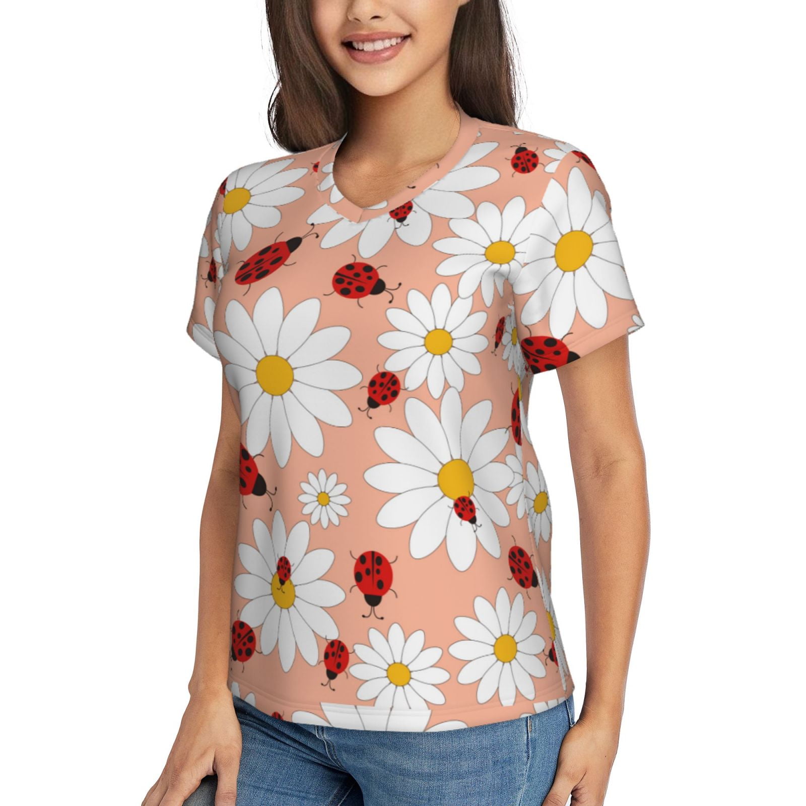 Goofa Daisy and Ladybug Pattern Women's SlimFit ShortSleeve VNeck T