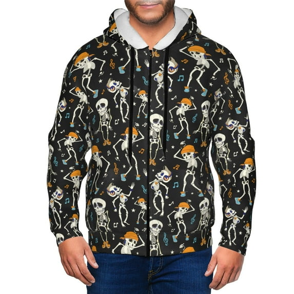 Goofa Dancing Skeleton Party Pattern Mens Full-zip Hoodie, Zip-up Pullover Hooded Sweatshirt, Kangaroo Pocket Hoodie Ideal for Daily Wear, Travel, and Home-X-Large