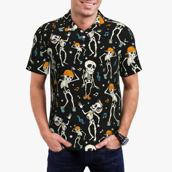 Goofa Dancing Skeleton Party Print Mens Polo Shirts Quick Dry Short Sleeve Golf T Shirt Performance Moisture Wicking Casual Workout-Medium