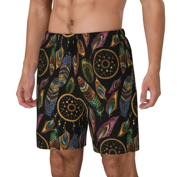 Goofa Decorative Feathers Printed Men's Swim Trunks Board Shorts Quick Dry Mens Swimming Trunks with Compression Liner,Breathable Fit Hawaii Beach Shorts-X-Large