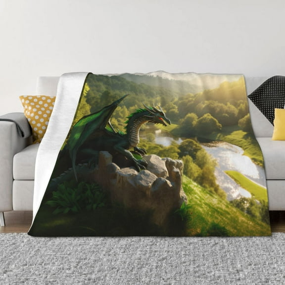 Goofa Deep Forest Stone Green Dragon Pattern Fleece Throw Blanket for Couch, Soft Checkered Flannel Blanket for Sofa, Warm Cozy Decorative Blanket Fall Decor Gift-40"x30"