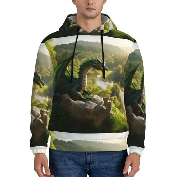 Goofa Deep Forest Stone Green Dragon for Men's Hooded Sweatshirt - Lightweight Pullover Hoodie with Kangaroo Pocket, Perfect for Everyday Wear-Small