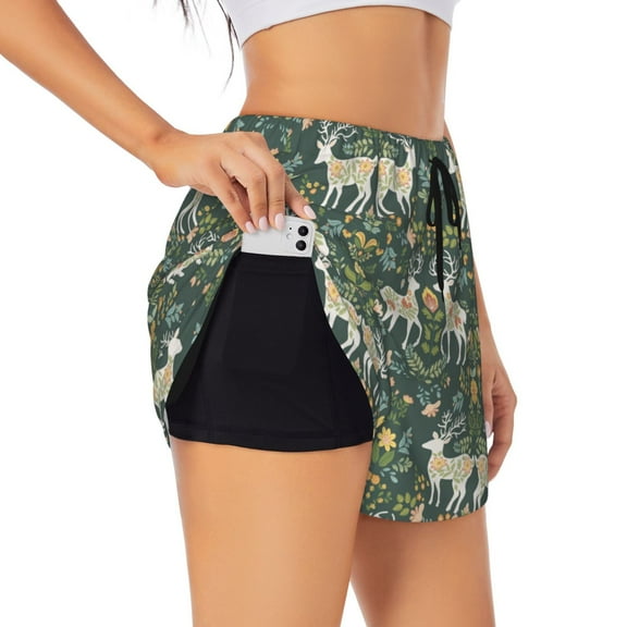 Goofa Deer And Flowers Printed Women 2 in 1 Running Shorts,Quick Dry Athletic Workout Shorts,High Waisted Athletic Shorts with Liner Pockets-XX-Large