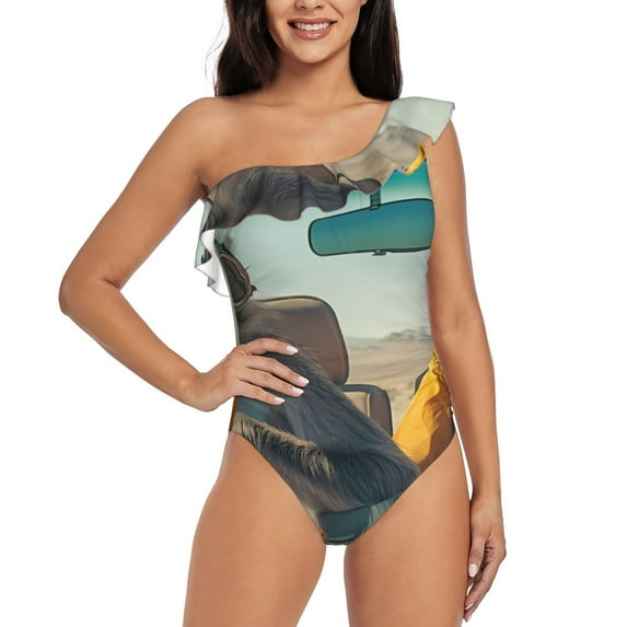 Goofa Desert Monkeys Drive Pattern Women's One Piece Swimsuits Tummy Control Bathing Suits Asymmetric One Shoulder Swimwear-Medium