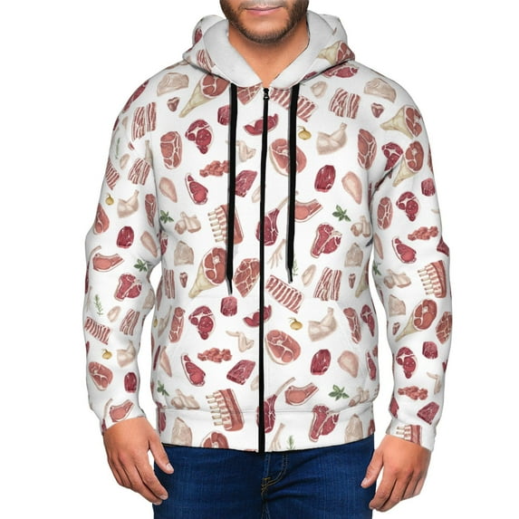 Goofa Different Meat Pattern Mens Full-zip Hoodie, Zip-up Pullover Hooded Sweatshirt, Kangaroo Pocket Hoodie Ideal for Daily Wear, Travel, and Home-