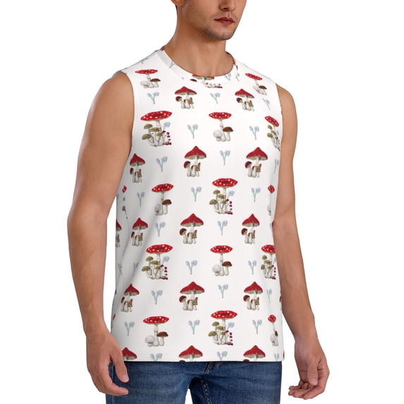 Goofa Different Mushrooms Printed Men's Sleeveless T-Shirt - Athletic Gym Workout Tank Top for Men - Moisture-Wicking, UPF 30+ Quick-Dry Muscle Tee-Small