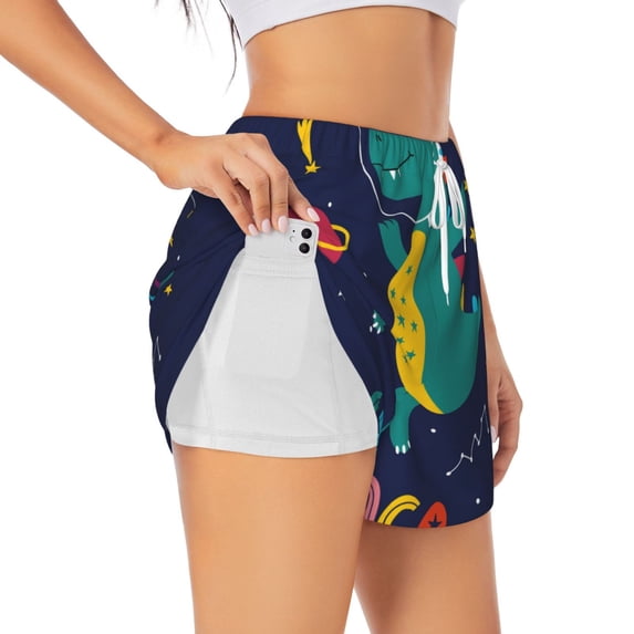 Goofa Dinosau Space Explorer Printed Women 2 in 1 Running Shorts,Quick Dry Athletic Workout Shorts,High Waisted Athletic Shorts with Liner Pockets-X-Large